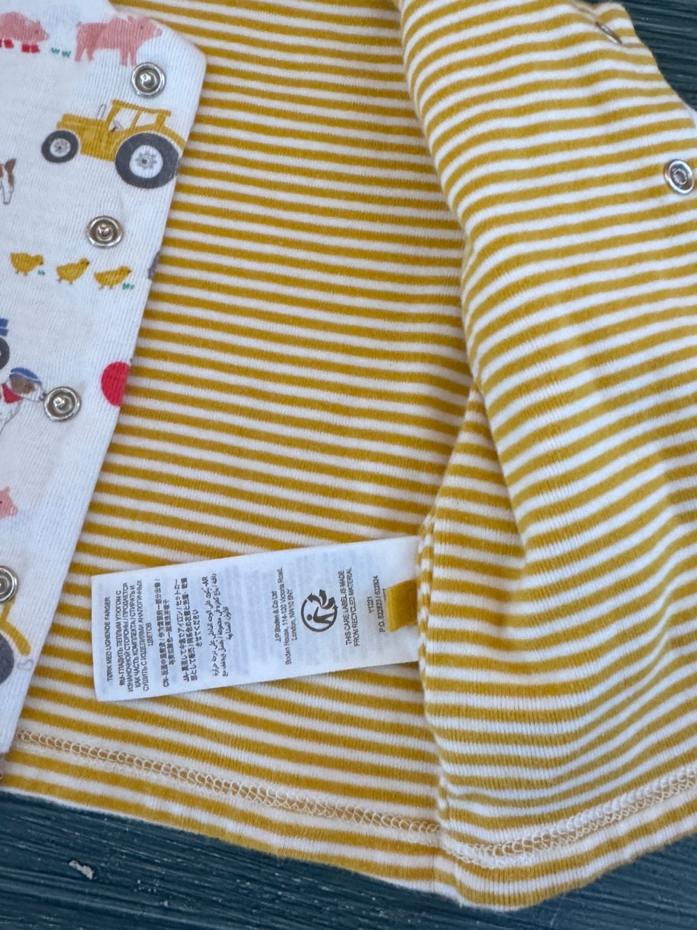 Baby Boden Striped Yellow & White Baby One-Piece with Farm Print - Picture 3 of 4